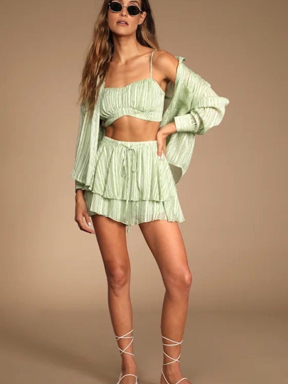 Light Green Striped Button-Up Tank Top and Skort Set
